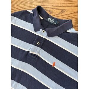 Vintage Polo Ralph Lauren Men's Large Navy/Baby Blue Striped Cotton Polo Shirt‎